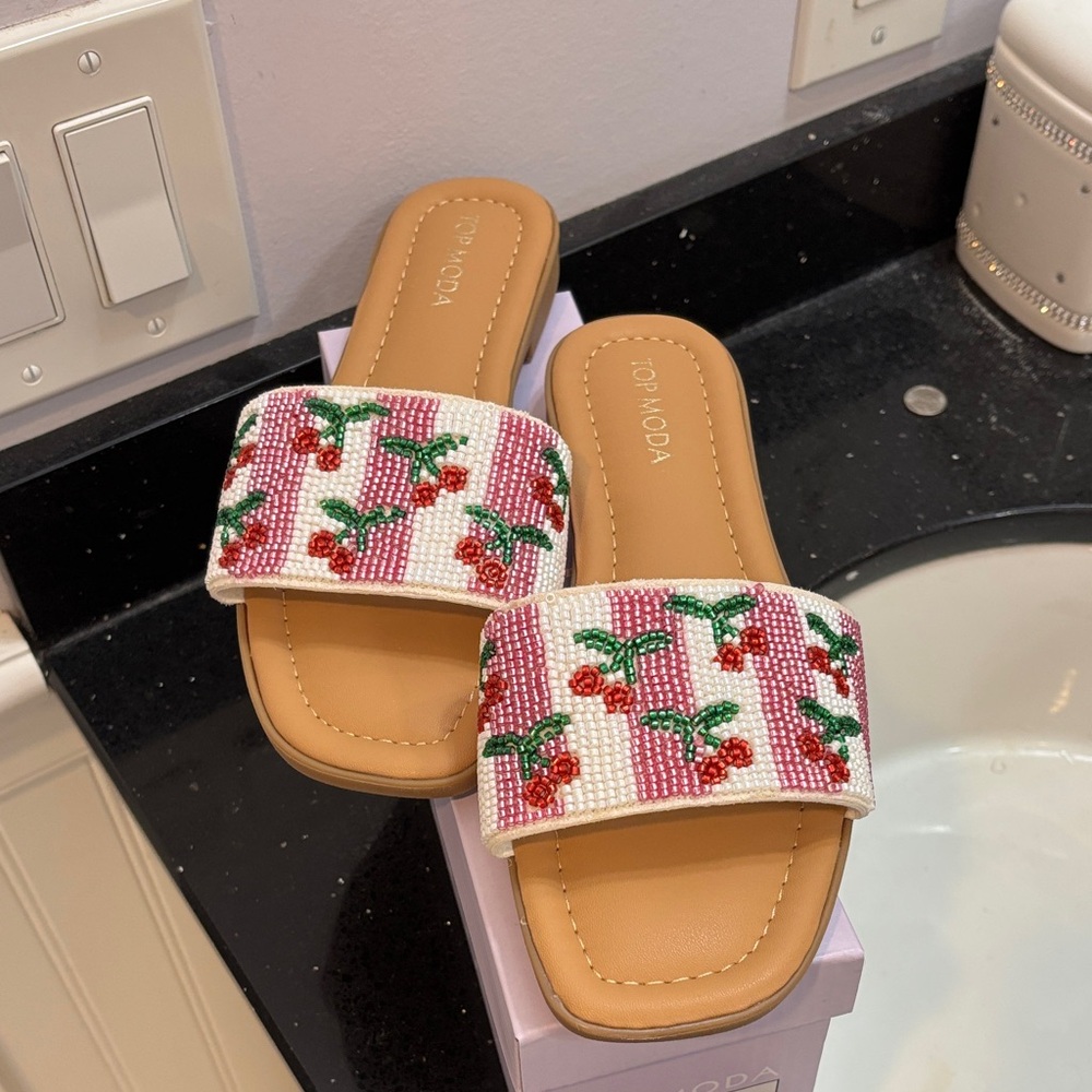 NWT Beaded Cherry Slide Sandals